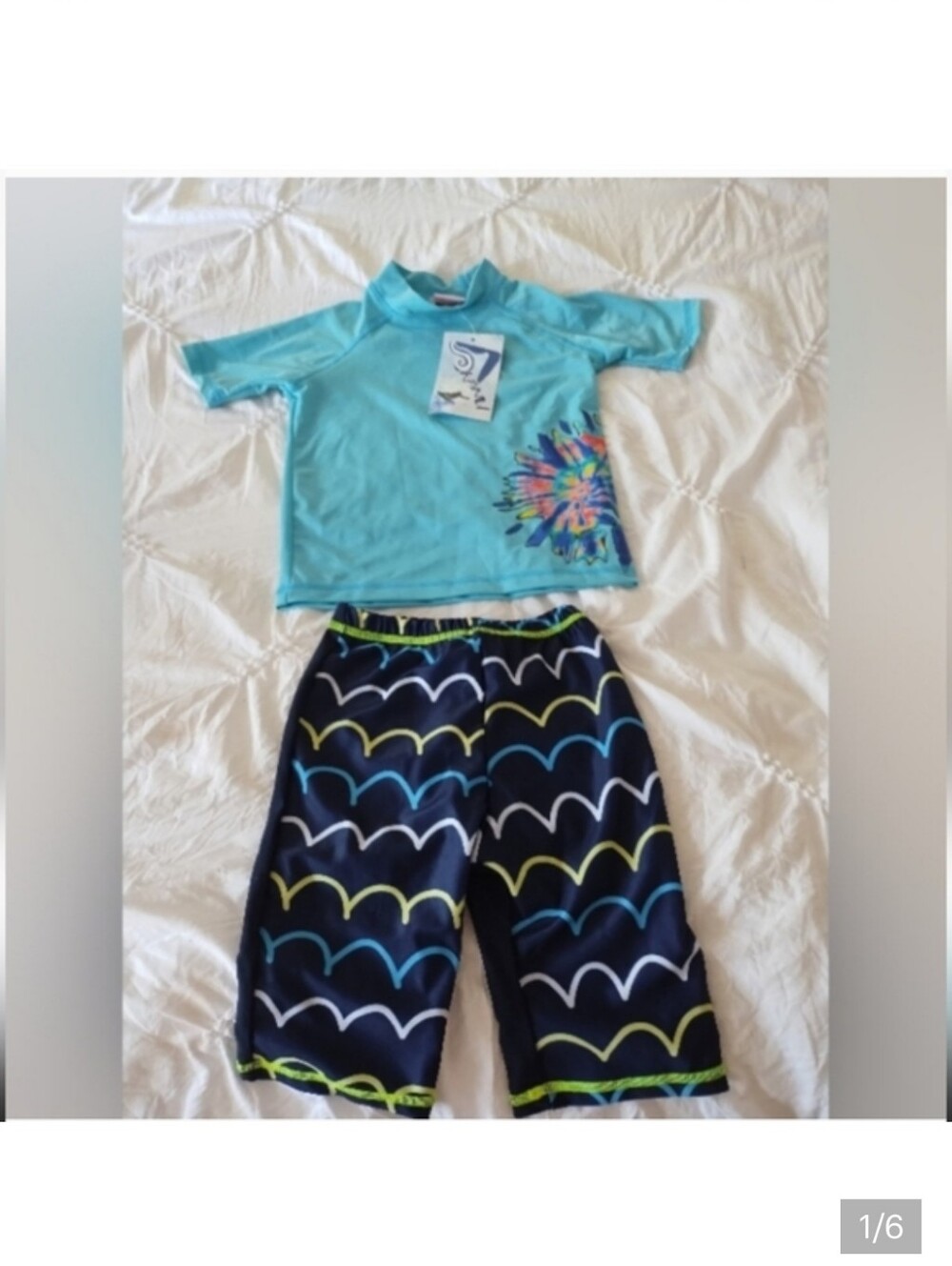 NWT Kanu Surf Aqua Rashguard with Navy Wave-Print Swim Shorts Sz 3T